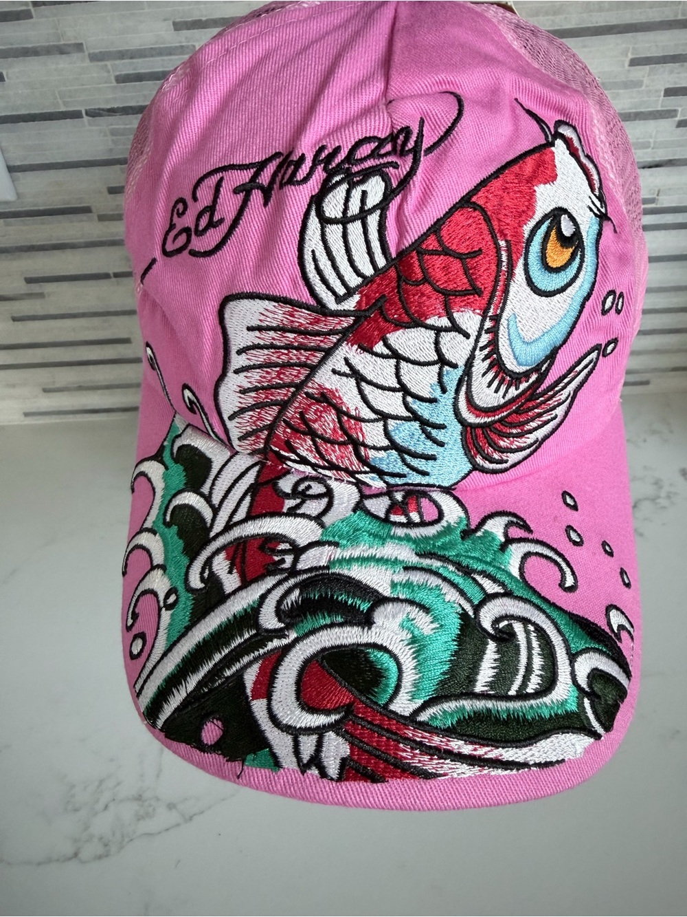 Vintage Ed Hardy Pink Koi Fish Embroidered Cap with Teal Wave Accents